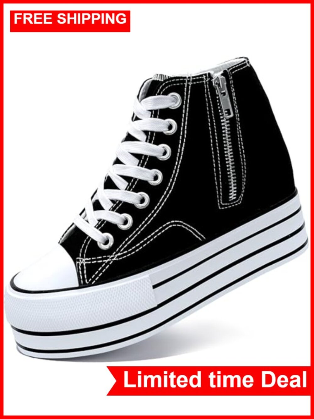 Womens Platform Sneakers Hidden Wedge 4 Inch Height Boost Lace-Up Casual